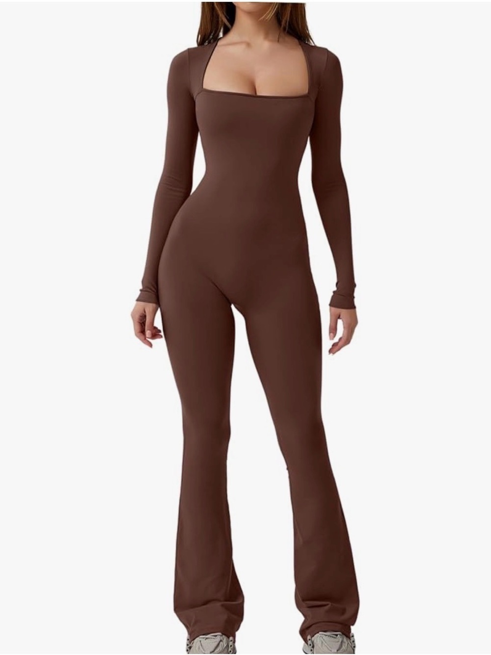 Square-Neck Long-Sleeve Wide-Leg Jumpsuit in Coffee Brown